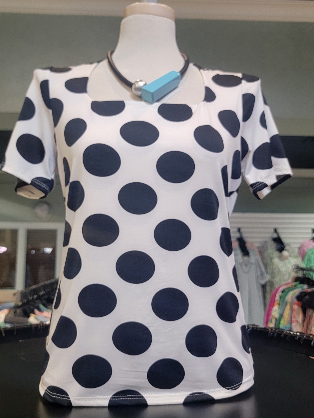 White Short Sleeve Top with Black Polka Dots